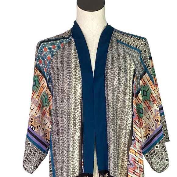 Flying Tomato Kimono Duster Women S Multicolor Aztec Western Fringe Boho Coverup - Picture 2 of 7